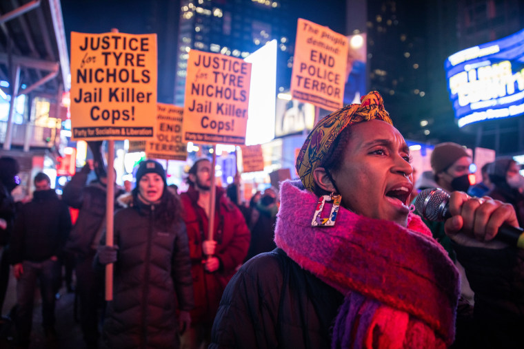 People protest for justice for Tyre Nichols in New York on Friday.