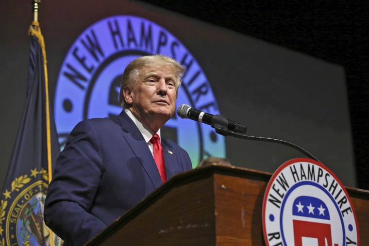 Former President Donald Trump speaks during the New Hampshire Republican State Committee 2023 annual meeting on Jan. 28, 2023, in Salem, N.H. 