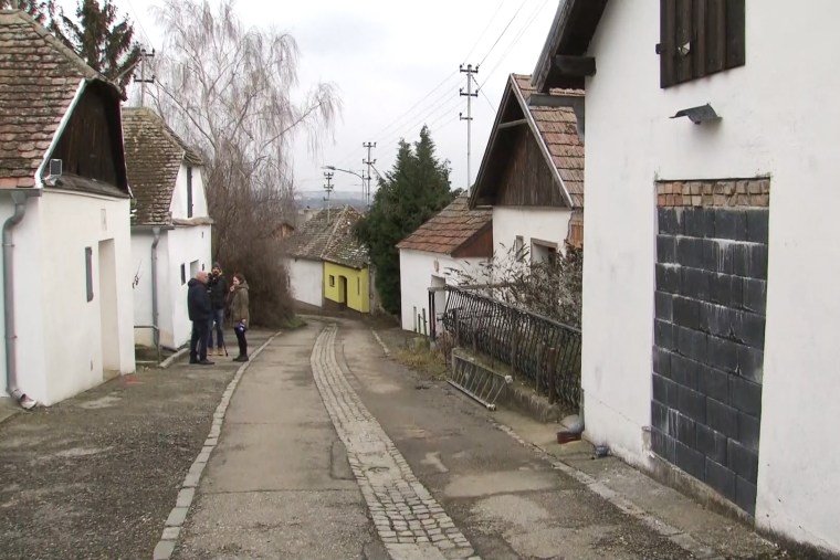 Reporters gather in the Austrian village of Obritz. A family was found to be living in a private wine cellar, where police also found a gun, crossbows and other weapons.