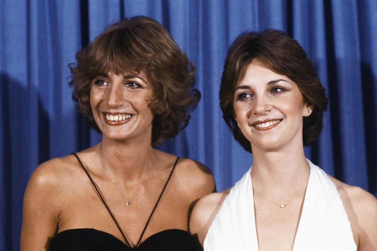 FILE - Penny Marshal, left, and Cindy Williams from the comedy series "Laverne & Shirley" appear at the Emmy Awards in Los Angeles on Sept. 9, 1979. Williams, who played Shirley opposite Marshall's Laverne on the popular sitcom "Laverne & Shirley," died Wednesday, Jan. 25, 2023, in Los Angeles at age 75, her family said Monday, Jan. 30. (AP Photo/George Brich, File)