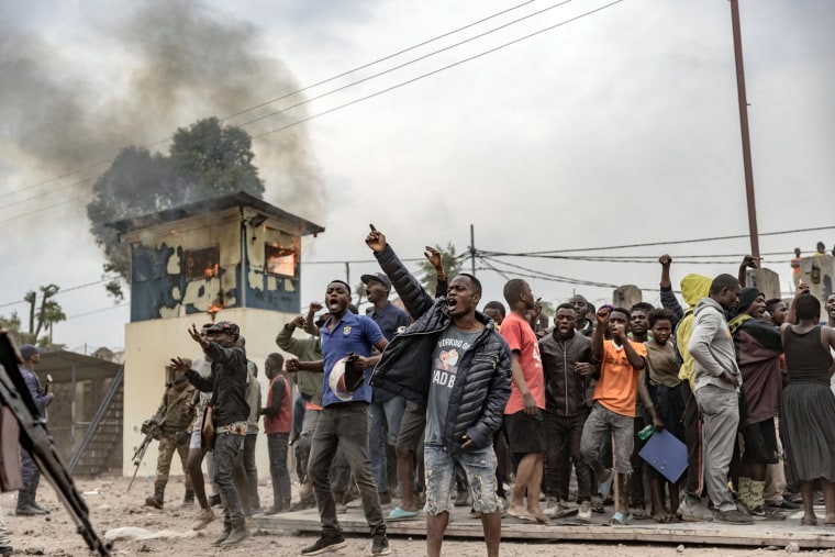 Congolese demonstrators gesture during a protest agains the UN peacekeeping mission in Goma
