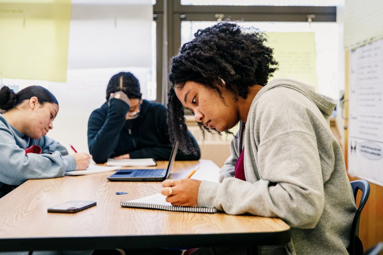 Amirah Riddick and other students in an Advanced Placement African American Studies class at Brooklyn Preparatory High School on Oct. 19, 2022, in Brooklyn, N.Y.