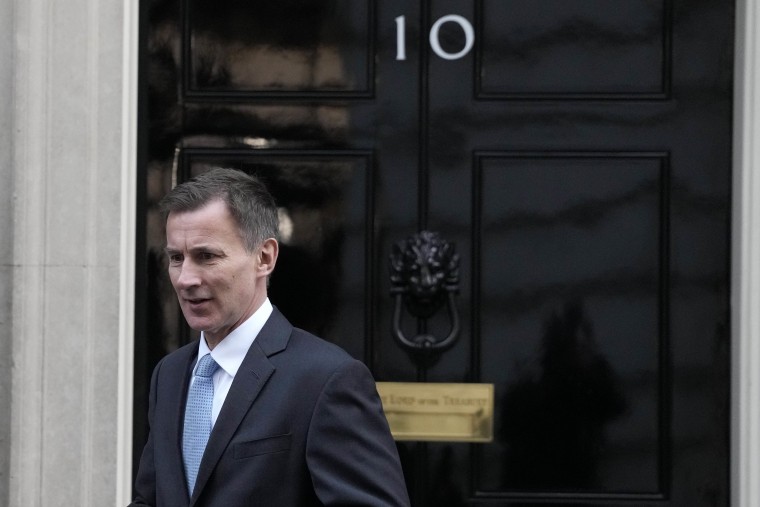 Britain's Finance Minister Jeremy Hunt leaves 10 Downing Street in London on Jan. 18, 2023.