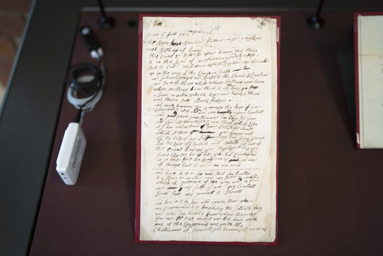 A handwritten letter from an enslaved person in Virginia 1723 is displayed at the exhibition in the Lambeth Palace Library