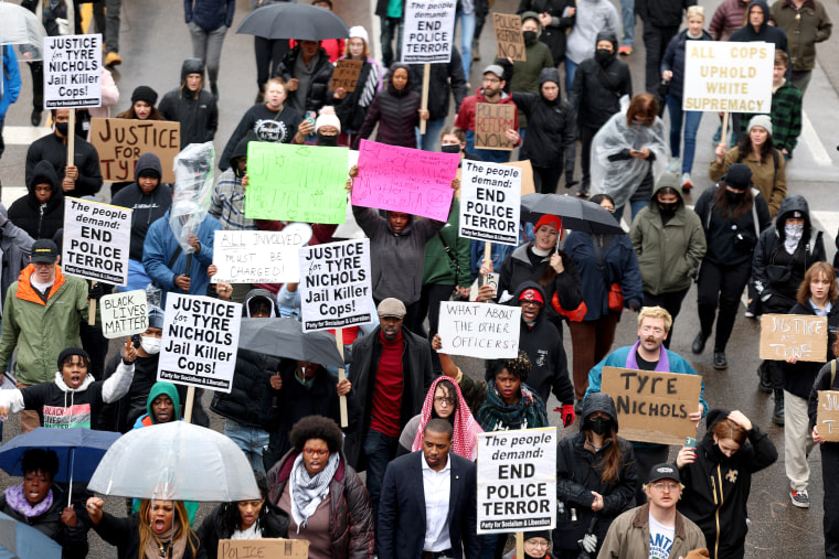 Demonstrators protest the death of Tyre Nichols on January 28, 2023 in Memphis, Tennessee. The release of a video depicting the fatal beating of Nichols, a 29-year-old Black man, sparked protests in cities throughout the country. Nichols was violently beaten for three minutes and killed by Memphis police officers earlier this month after a traffic stop. Five Black Memphis Police officers have been fired after an internal investigation found them to be â€œdirectly responsibleâ€ for the beating and have been charged with â€œsecond-degree murder, aggravated assault, two charges of aggravated kidnapping, two charges of official misconduct and one charge of official oppression.â€ 