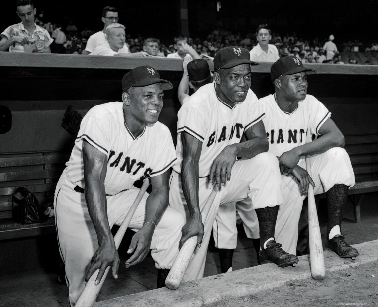 Willie Mays with teammates Monte Irvin and Henry Thompson.