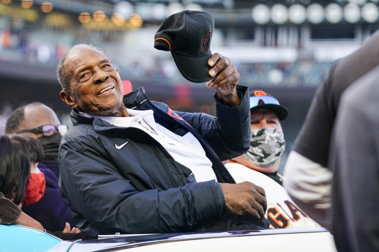 Hall of Famer Willie Mays waves to the crowd during the pre-game celebration in honor of his 90th birthday on May 7, 2021 in San Francisco, Calif.