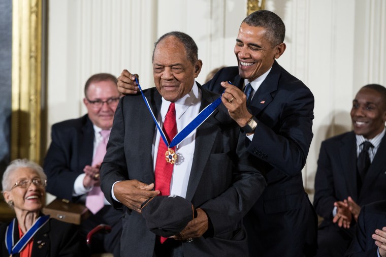 Then-President Barack Obama presents the Presidential Medal of Freedom to Willie Mays on Nov. 24, 2015, in Washington.