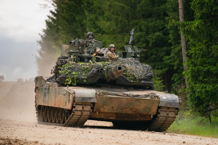 A U.S. Army M1 Abrams tank during a multinational exercise at the training area in Hohenfels, Germany on June 8, 2022. 