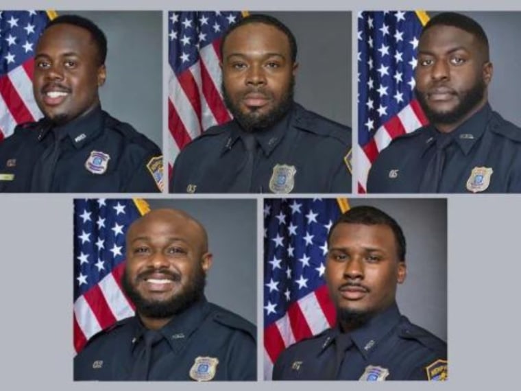 Los cinco agentes del Departamento de Policía de Memphis (Tennessee) arrestados por la muerte de Tyre Nichols. De izquierda a derecha y de arriba abajo: Tadarrius Bean, Demetrius Haley, Emmitt Martin III, Desmond Mills, Jr. y Justin Smith. 