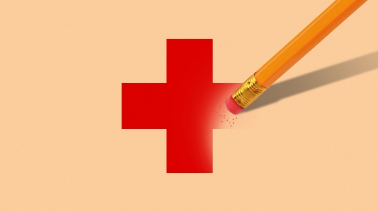 Ilustración de una goma de lápiz borrando partes de una cruz roja médica