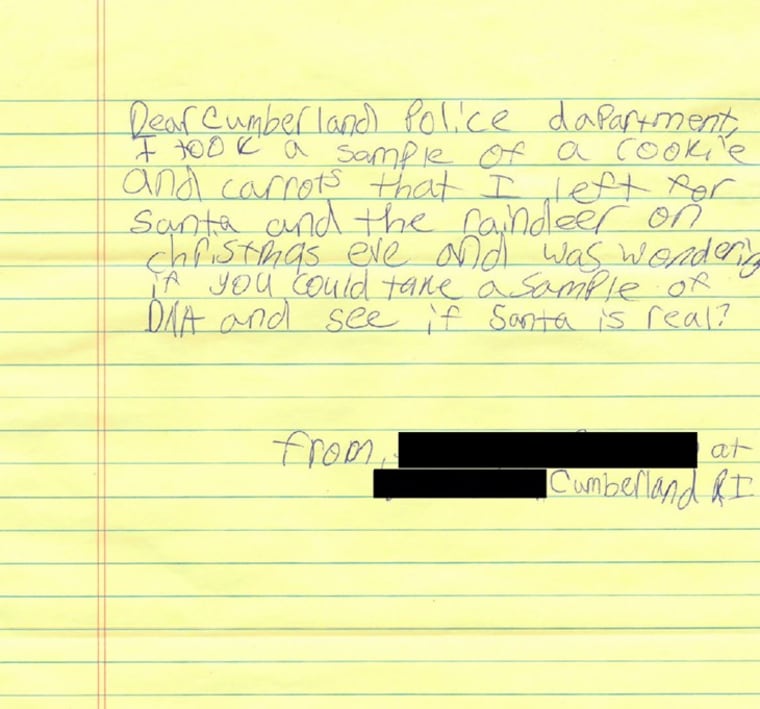 A handwritten note from a girl in Rhode Island to the Cumberland Police Department.