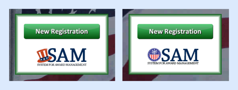 Después de una investigación de NBC News, el Registro Federal de Contratistas actualizó su sitio web y reemplazó un logotipo muy similar al de SAM.gov (izquierda) por el suyo propio (derecha).