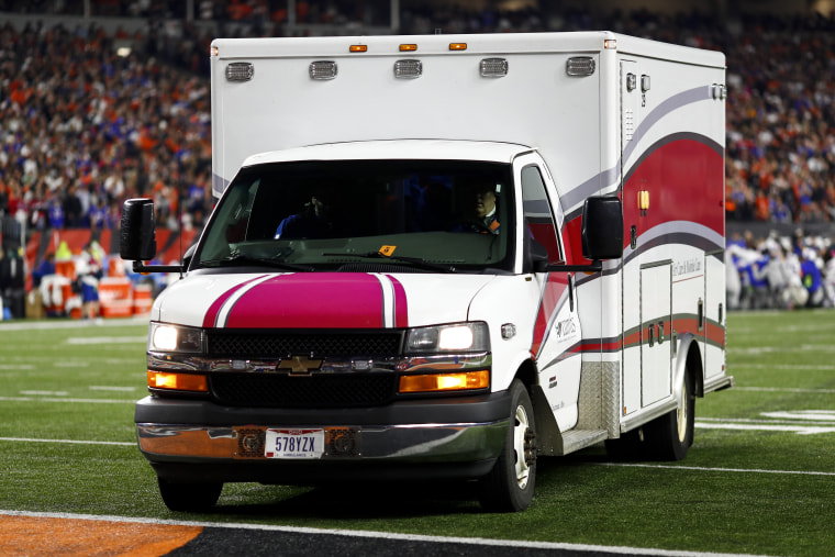 Damar Hamlin #3 of the Buffalo Bills is dragged off the field in an ambulance after sustaining an injury during the first quarter of an NFL football game against the Cincinnati Bengals at Paycor Stadium on January 2, 2023 in Cincinnati, Ohio. 