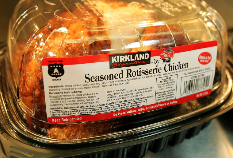 A Kirkland Signature premium brand roasted rotisserie chicken from Costco.