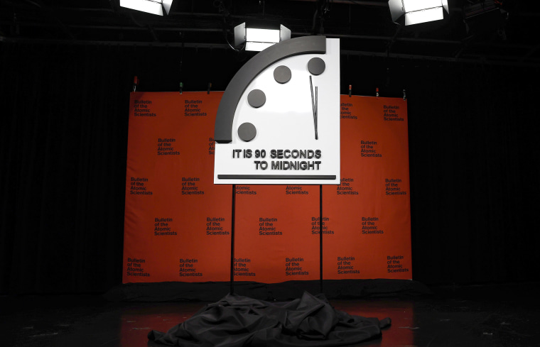 The 2023 Doomsday Clock is displayed before a live-streamed event with members of the Bulletin of the Atomic Scientists on January 24, 2023 in Washington, DC. This year the Doomsday Clock is set at ninety seconds to Midnight 