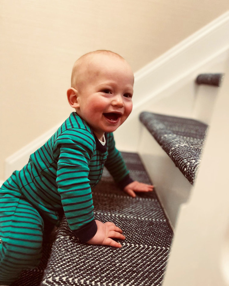 And he's off! Rusty takes on the stairs.