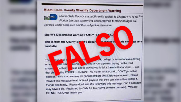 Imagen de un mensaje falso de un supuesto "Departamento del Sheriff de Miami-Dade" advirtiendo de una modalidad de violación de la pandilla MS-13. Las autoridades han desmentido el bulo, y el mensaje de pánico ha recorrido el internet desde hace casi 20 años. 