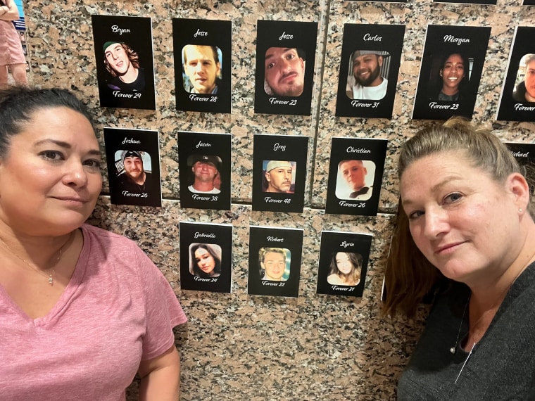 Casey Leleux and Denise Konow, pictured next to memorial pictures of their children and others who have died from fentanyl overdose or poisoning.