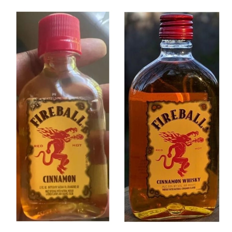 A bottle of Fireball Cinnamon, left; Fireball Cinnamon Whisky, right.