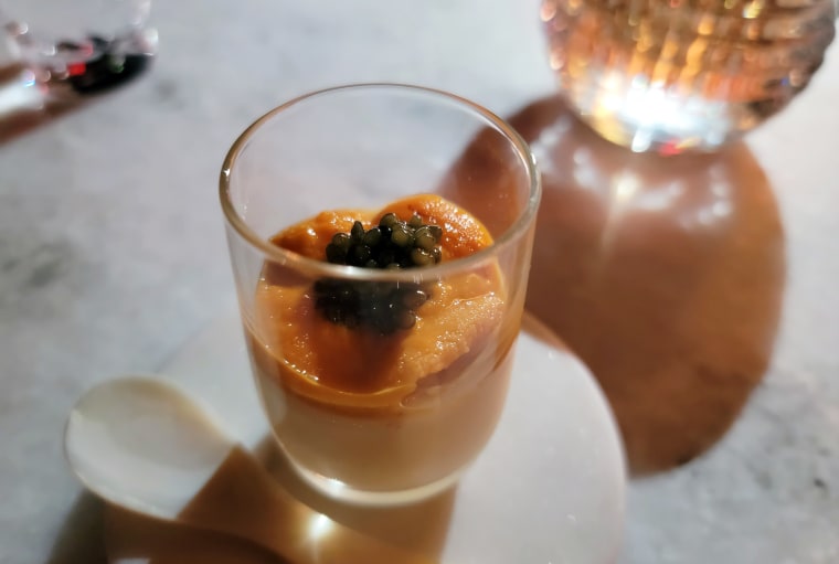 Chawanmushi with uni and caviar at Noda in the Flatiron District of New York City. 