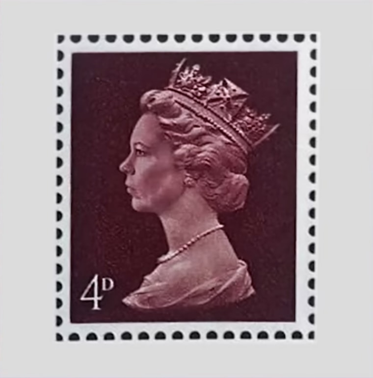 Olivia Colman's face on a stamp from "The Crown."
