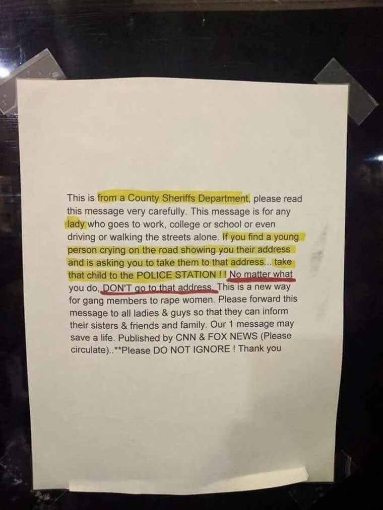 Mensaje escrito en papel con un texto casi idéntico al del reciente bulo en redes sociales.