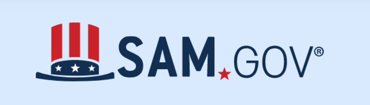 El logotipo oficial de SAM.gov para el sitio web del gobierno donde las empresas deben registrarse antes de obtener contratos o subvenciones. 