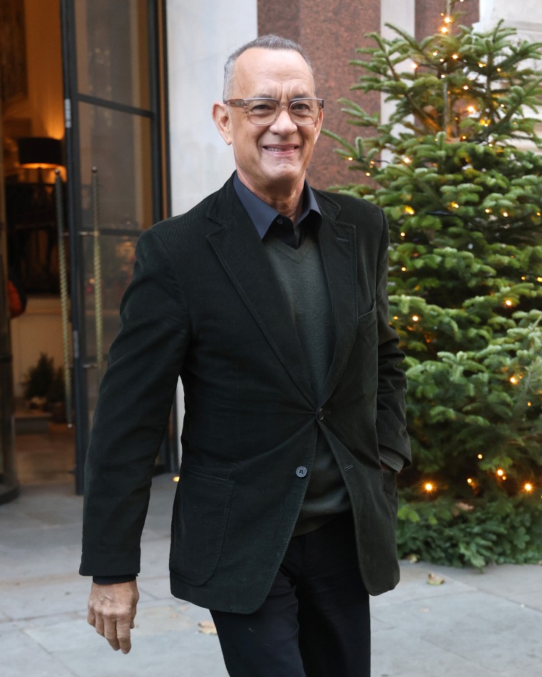 Tom Hanks leaving a photocall for new movie 'A Man Called Otto' at the Corinthia Hotel on December 16, 2022 in London, England. 