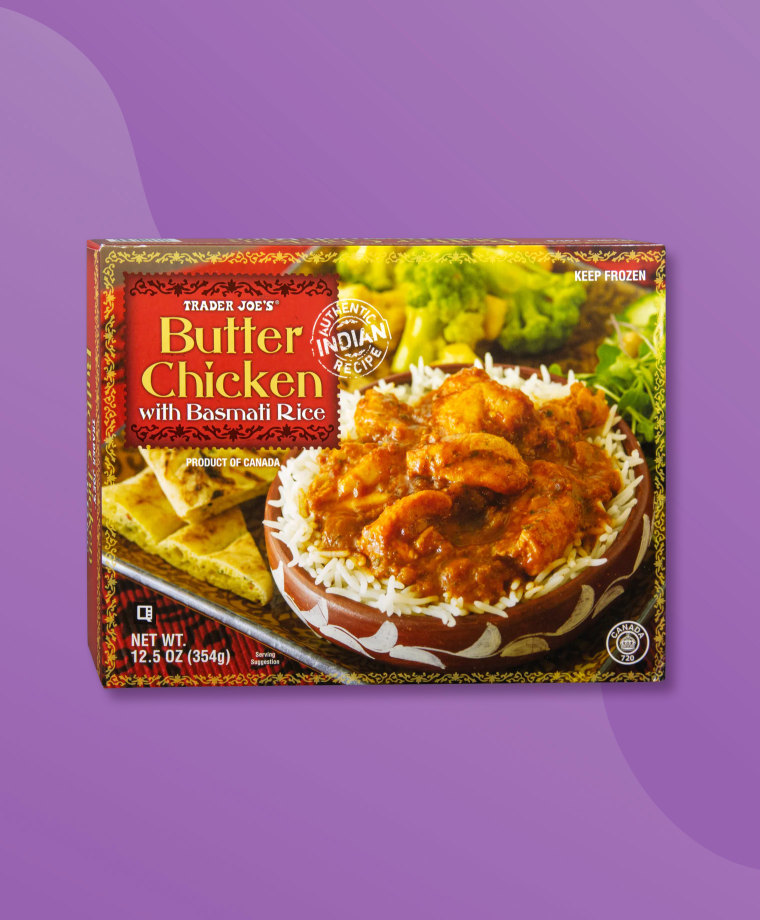 A box of Trader Joe's Butter Chicken with Basmati Rice on a purple background.