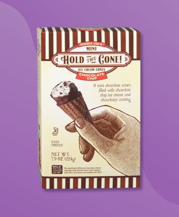 A box of Trader Joe's Hold the Cone! Mini Ice Cream Cones on a purple background.