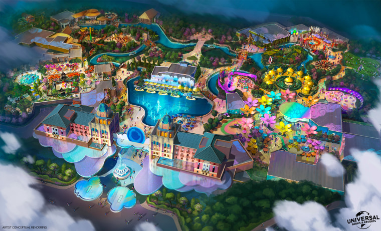 An aerial view of an artist rendering of a brightly colored resort. 