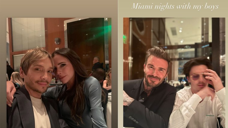 Victoria Beckham muestra fotos de ella y David Beckham, en la fiesta de cumpleaños de Maluma en Miami, enero 2023.