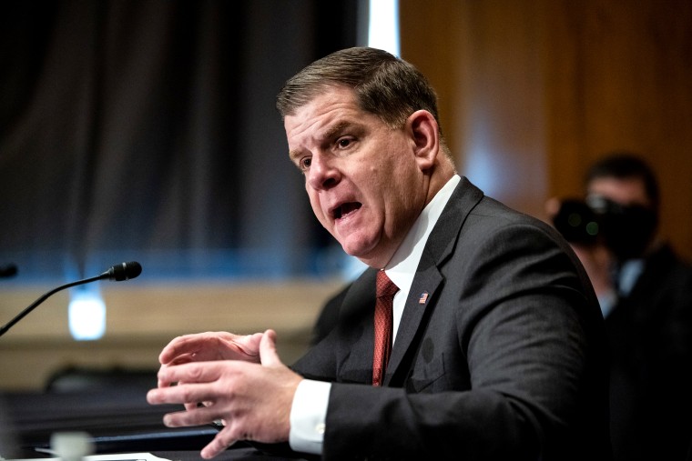 Marty Walsh speaks during a Senate Health, Education, Labor, and Pensions confirmation hearing in Washington on Feb. 4, 2021.