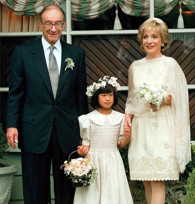 Federal Reserve Board Chairman Alan Greenspan and his new bride NBC Television correspondent Andrea Mitchell outside the The Inn in Little Washington, Va., after their wedding on April 6,1997.