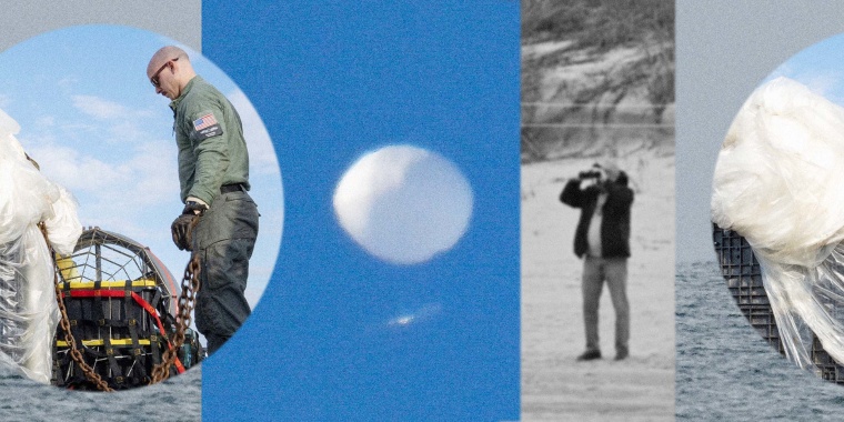 Photo Illustration: Images of an airborne balloon, a man with binoculars, and the recovery effort
