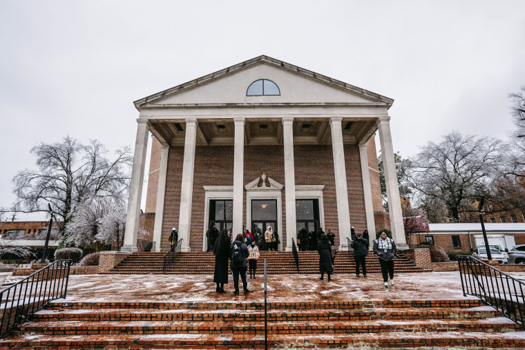 Image: Funeral attendees and media gather outside Mississippi Boulevard Christian Church on the morning of Tyre Nichols' funeral on Feb. 1, 2023 in Memphis, Tenn.
