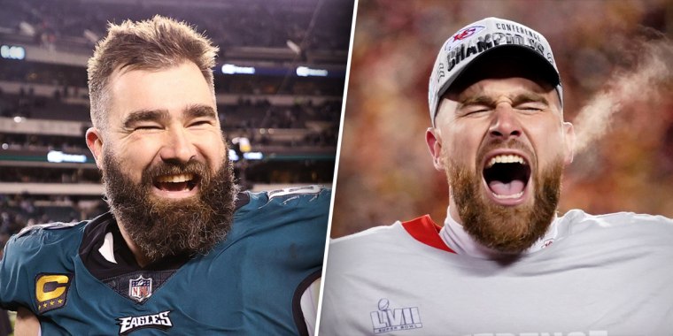 Jason Kelce of the Philadelphia Eagles, left, and his brother, Travis Kelce of the Kansas City Chiefs.