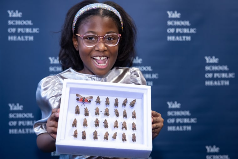 Bobbi Wilson holds up her collection of spotted lanternflies as she was honored at the Yale School of Public Health for her efforts in eradicating the invasive species in her hometown of Caldwell, N.J.