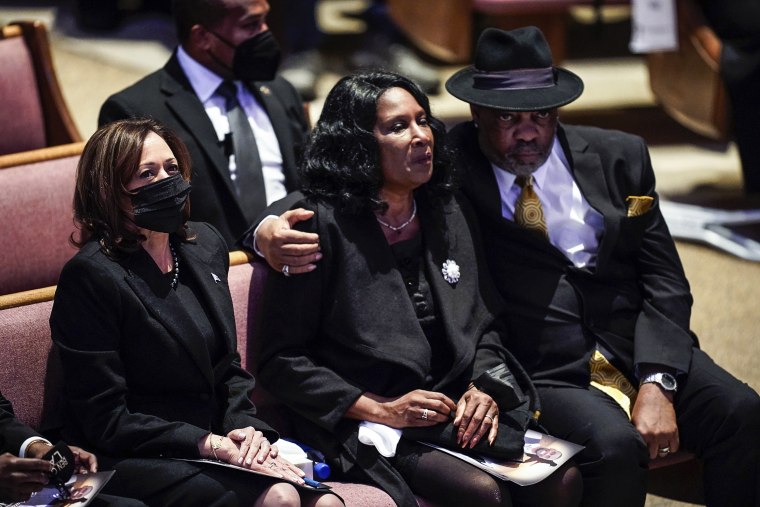 Image: Vice President Kamala Harris sits with RowVaughn Wells and Rodney Wells during the funeral service for Wells' son Tyre Nichols at Mississippi Boulevard Christian Church in Memphis, Tenn., on Feb. 1, 2023.