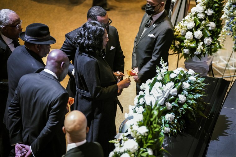 Image: RowVaughn Wells stops in front of the casket of her son Tyre Nichols at the start of his funeral service at Mississippi Boulevard Christian Church in Memphis, Tenn., on Feb. 1, 2023.