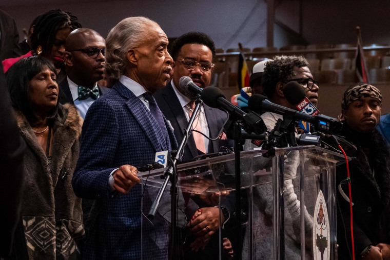 The family of Tyre Nichols, attorney Ben Crump, and Reverend Al Sharpton are speaking to the media to respond to the administrative action against two additional Memphis police officers, and the firing of three Memphis Fire Department employees. (Photo by SETH HERALD / AFP) (Photo by SETH HERALD/AFP via Getty Images)