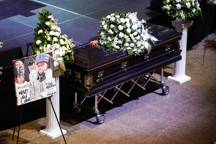 Image: Tyre Nichols casket is seen during his funeral for Tyre Nichols at Mississippi Boulevard Christian Church in Memphis, Tenn., on Feb. 1, 2023.