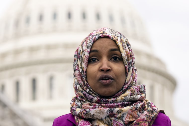 Rep. Ilhan Omar speaks during a news conference at the Capitol in Washington, D.C.