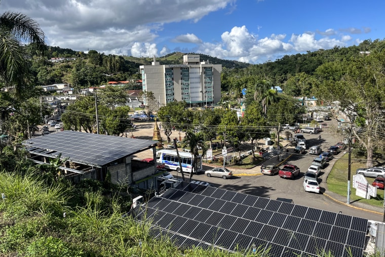 Solar panels from the microgrid in Castañer, a community in the town of Lares, Puerto Rico.