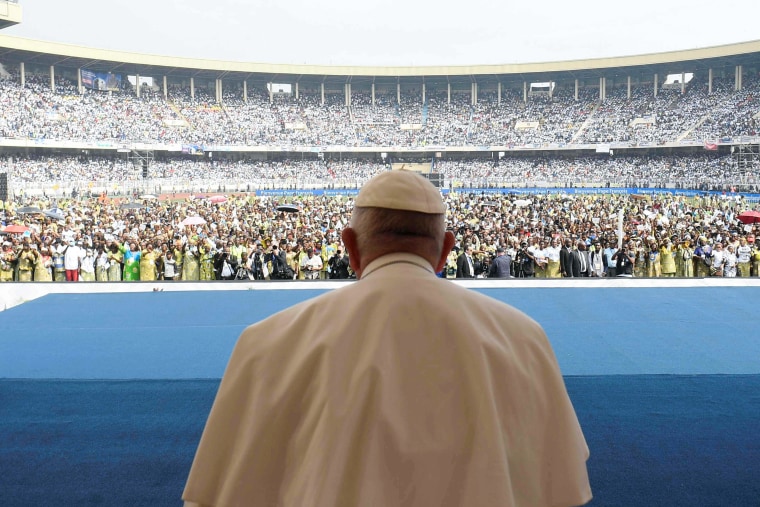 Francis is in Congo and South Sudan for a six-day trip, hoping to bring comfort and encouragement to two countries that have been riven by poverty, conflicts and what he calls a "colonialist mentality" that has exploited Africa for centuries. (AP Photo/Jerome Delay)