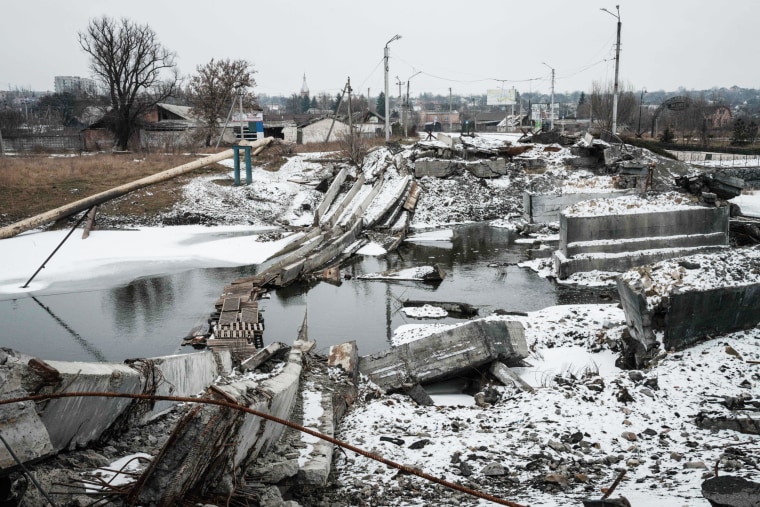 A destroyed bridge in Bakhmut, Ukraine