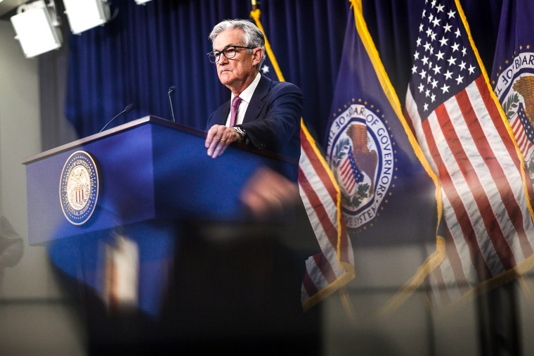 Image: Federal Reserve Board Chairman Jerome Powell speaks during a news conference after a Federal Open Market Committee meeting on Feb. 1, 2023.