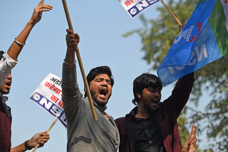 Members of National Students' Union of India (NSUI) take part in a nationwide protest in New Delhi on February 6, 2023, calling for an inquiry into allegations of major accounting fraud at Adani, the country's biggest conglomerate.