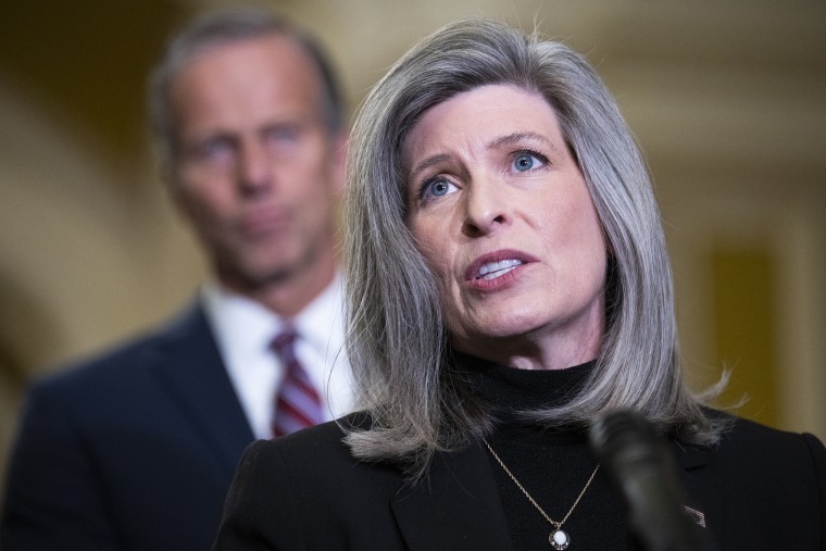 Sens. Joni Ernst, R-Iowa, and John Thune, R-S.D., conduct a news conference after the senate luncheons on Tuesday, November 15, 2022.